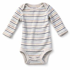 child of mine Long-Sleeve Striped Bodysuit in Cream with Navy, Light Blue & Tan